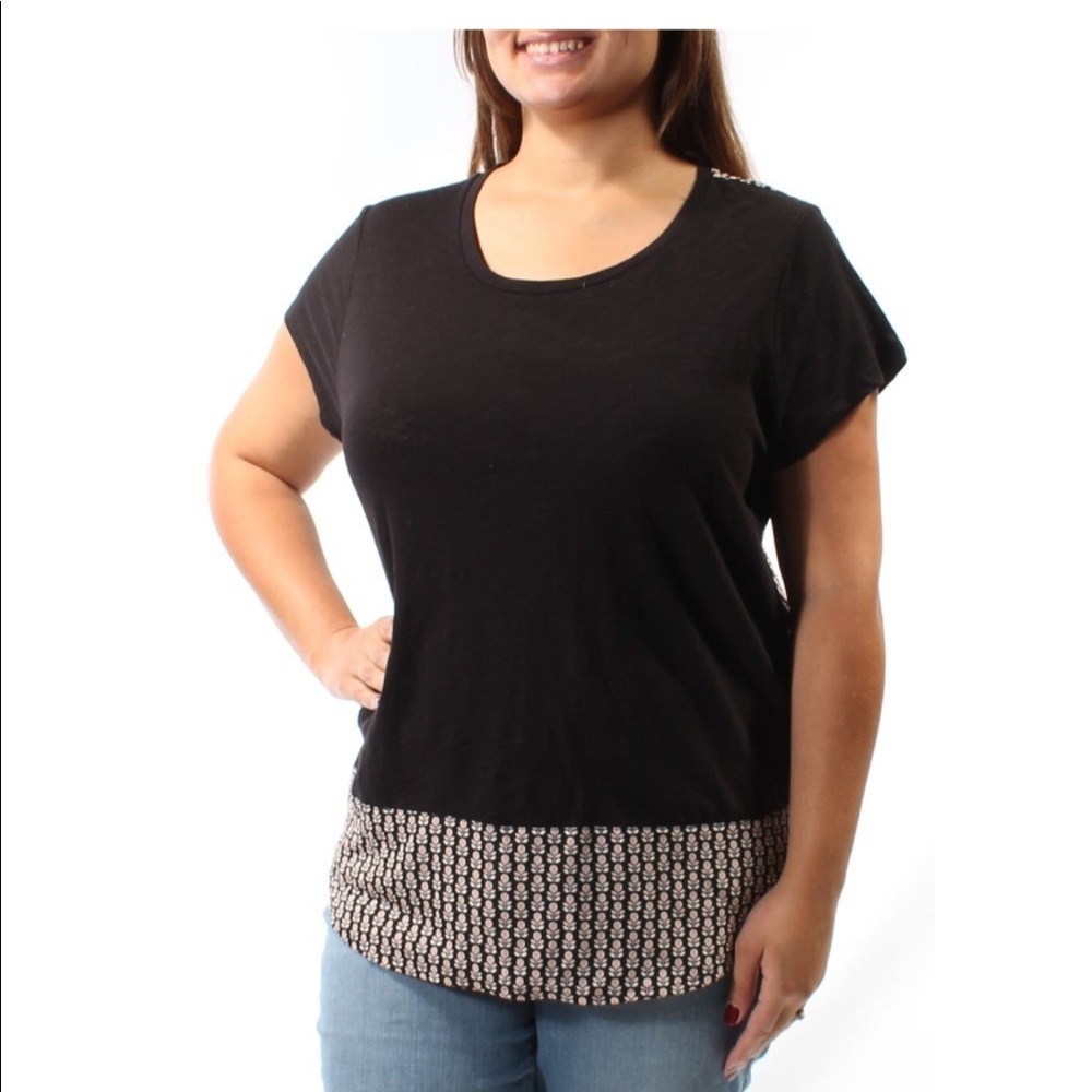 MAISON JULES Black Scoop Neck printed hem short sleeve top size XS NWT